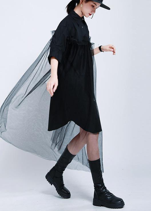 Loose Black Patchwork Lace shirts Summer Cotton Dress - SooLinen