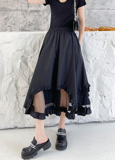 Loose Black Patchwork Tulle Cotton Skirt - SooLinen