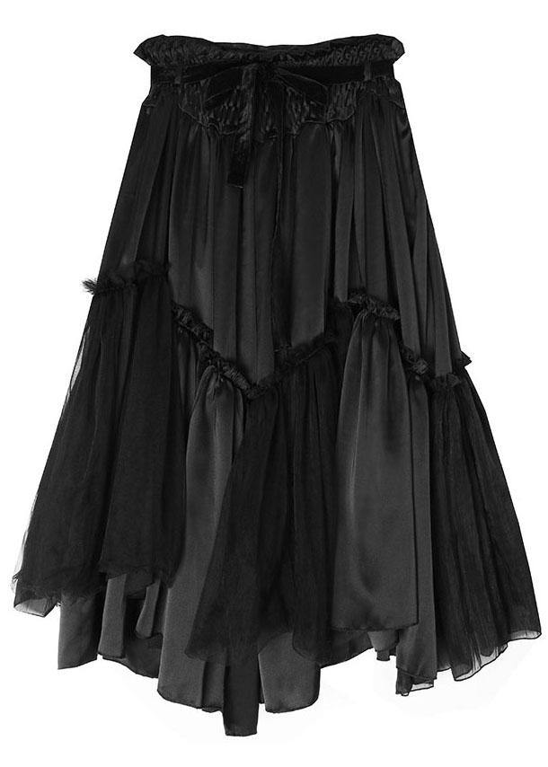 Loose Black PatchworkRuffled Asymmetrical design Skirts - SooLinen