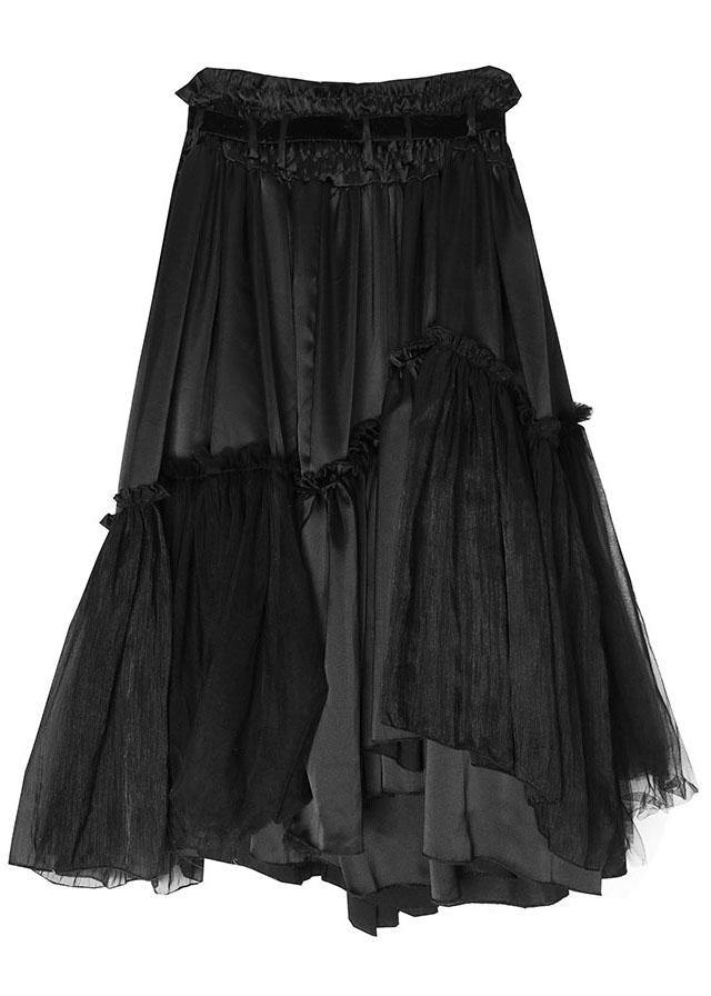 Loose Black PatchworkRuffled Asymmetrical design Skirts - SooLinen