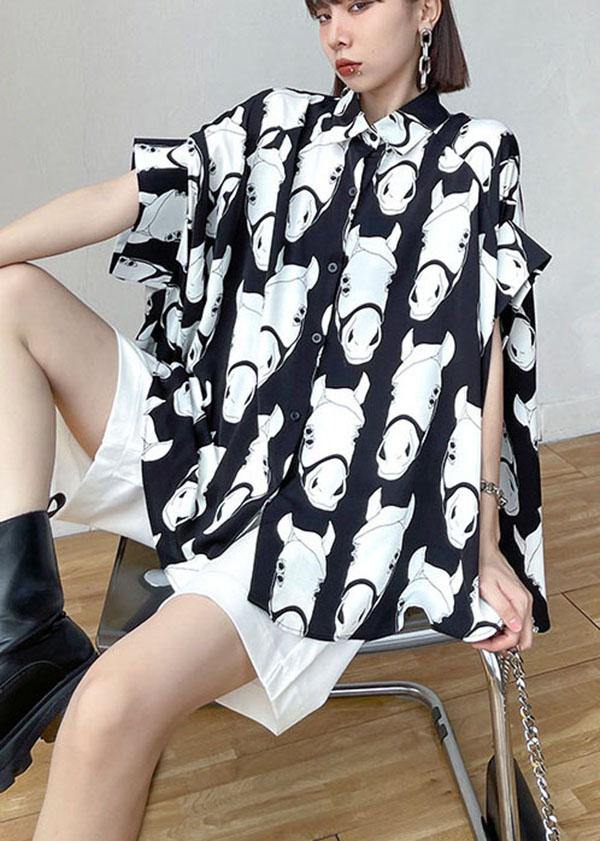 Loose Black Peter Pan Collar Low High Animal Picture Cardigans - SooLinen