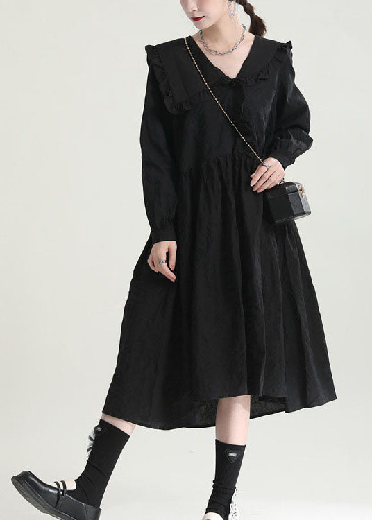 Loose Black Peter Pan Collar Ruffled Dresses Spring