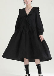 Loose Black Peter Pan Collar Ruffled Dresses Spring