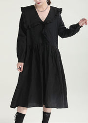 Loose Black Peter Pan Collar Ruffled Dresses Spring