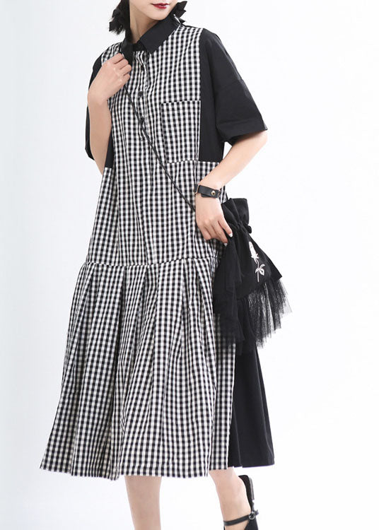 Loose Black Plaid Patchwork Button Fall Dress Half Sleeve