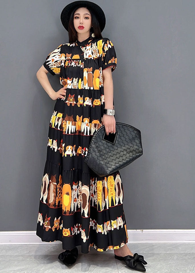 Loose Black Stand Collar Oversized Wrinkled Character Print Chiffon Long Dresses Short Sleeve