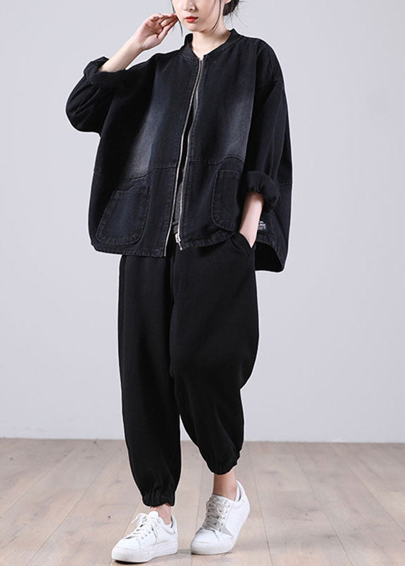 Loose Black Zippered Pockets Patchwork Fall Denim Long sleeve Coat