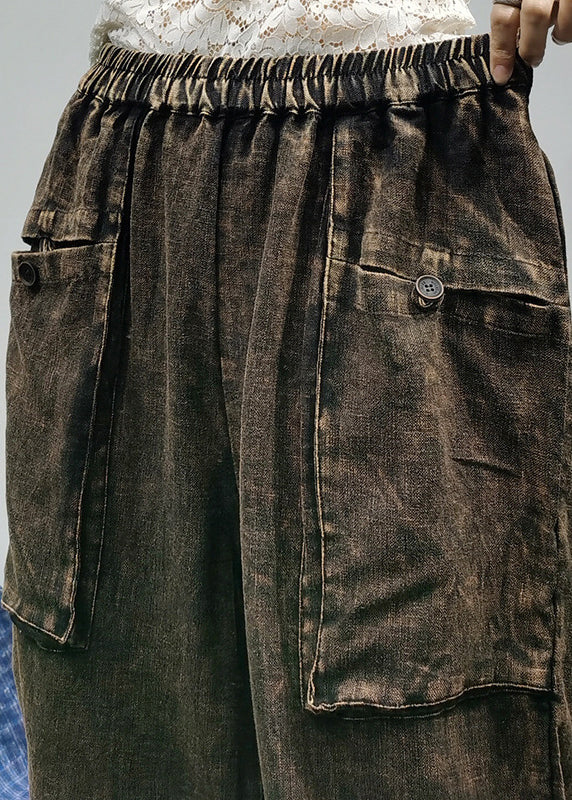 Lose schwarze elastische Taille Taschen Leinenhose Frühling