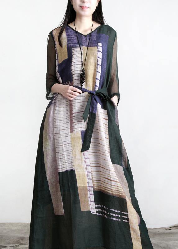 Loose Blackish Green Print Linen Maxi Dresses Half Sleeve - SooLinen