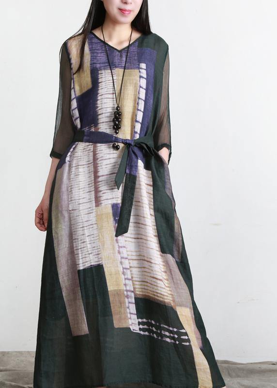 Loose Blackish Green Print Linen Maxi Dresses Half Sleeve - SooLinen