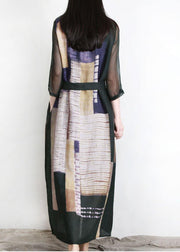 Loose Blackish Green Print Linen Maxi Dresses Half Sleeve - SooLinen