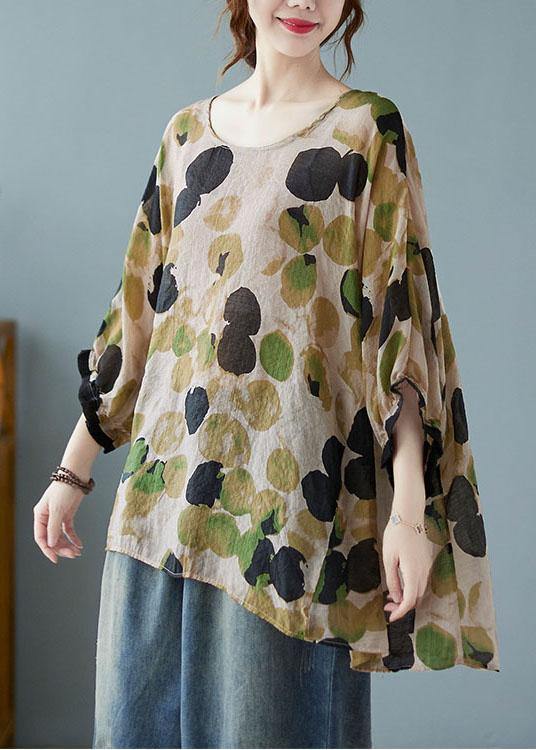 Loose Blue Dotted Batwing Sleeve Cotton Linen Tee - SooLinen