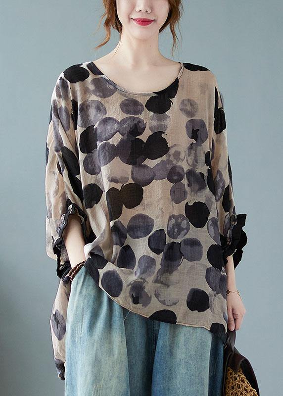 Loose Blue Dotted Batwing Sleeve Cotton Linen Tee - SooLinen