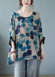 Loose Blue Dotted Batwing Sleeve Cotton Linen Tee - SooLinen