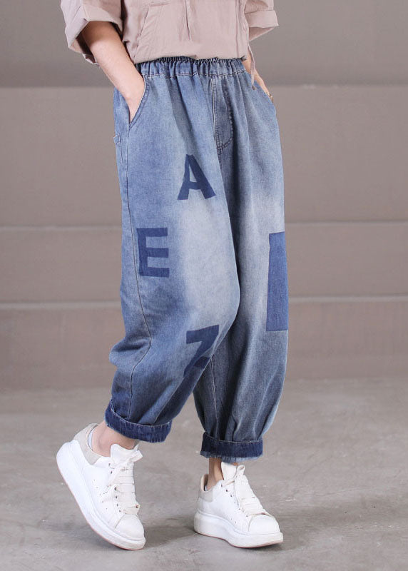 Loose Blue Elastic Waist Pockets Letter Print Cotton Denim Harem Pants Summer