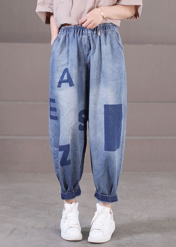 Loose Blue Elastic Waist Pockets Letter Print Cotton Denim Harem Pants Summer