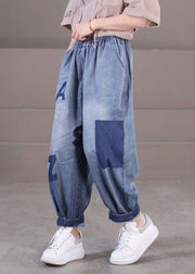 Loose Blue Elastic Waist Pockets Letter Print Cotton Denim Harem Pants Summer