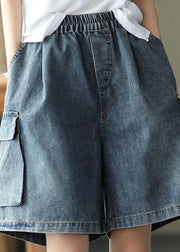 Loose Blue Elastic Waist Wide Leg Summer Denim hot Pants - SooLinen