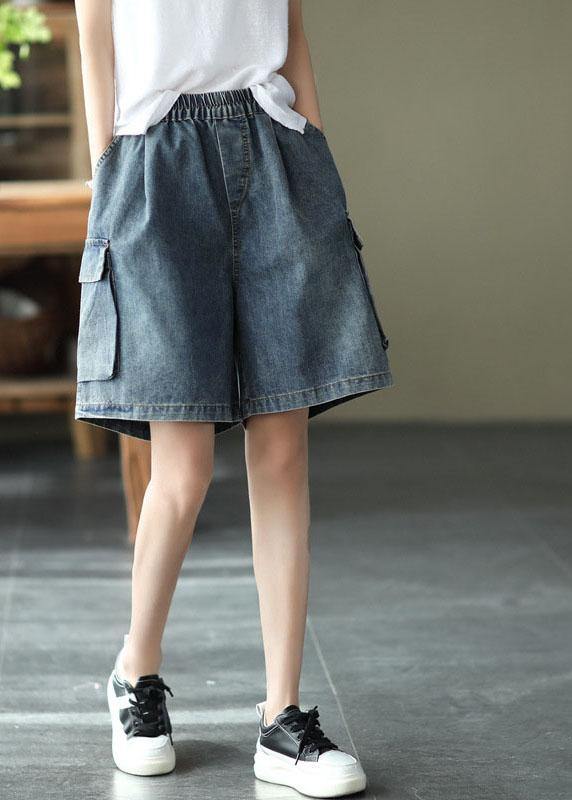 Loose Blue Elastic Waist Wide Leg Summer Denim hot Pants - SooLinen