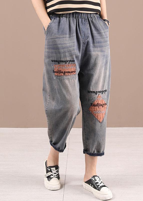 Loose Blue Grey Patchwork Embroideried Pants denim - SooLinen