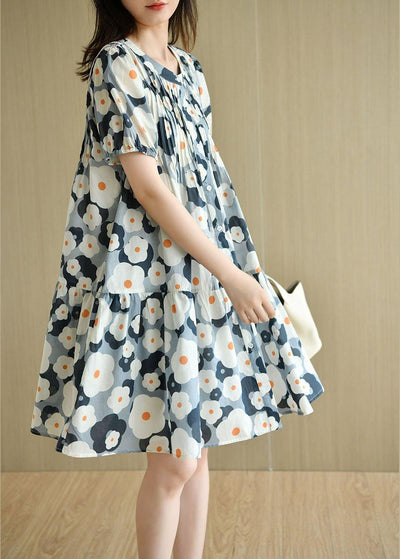 Loose Blue O-Neck Button Print Summer Cotton Dresses Short Sleeve - SooLinen