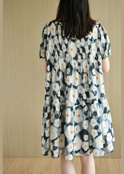 Loose Blue O-Neck Button Print Summer Cotton Dresses Short Sleeve - SooLinen