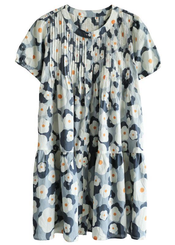 Loose Blue O-Neck Button Print Summer Cotton Dresses Short Sleeve - SooLinen