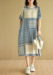 Loose Blue O-Neck Print Summer Cotton Short Sleeve Dress - SooLinen