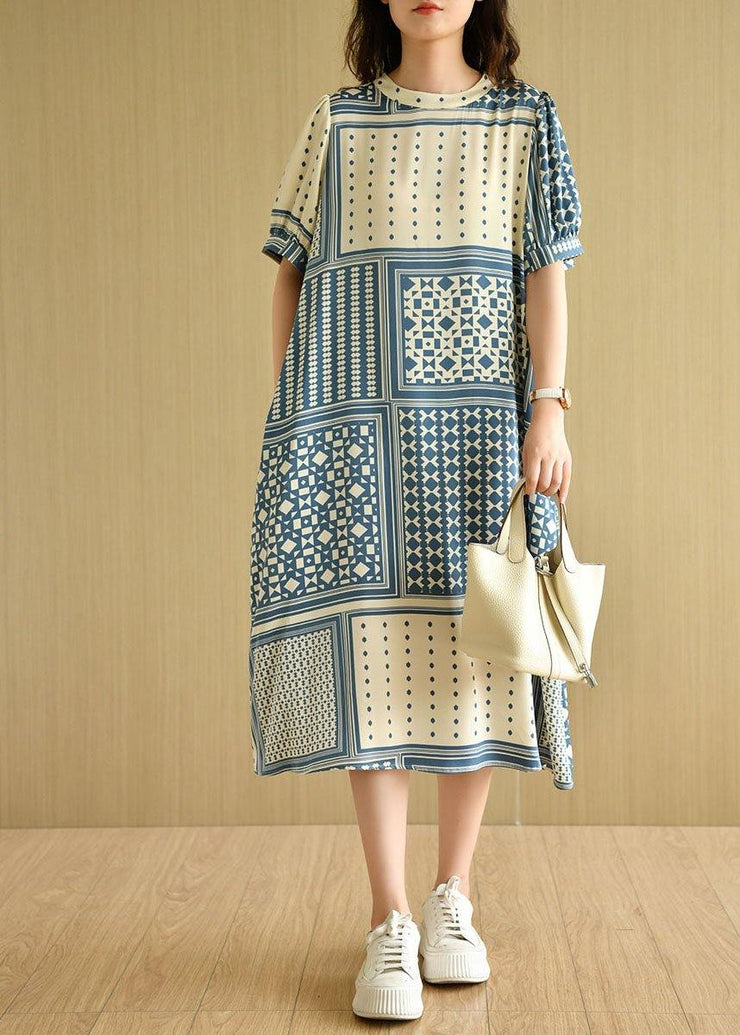 Loose Blue O-Neck Print Summer Cotton Short Sleeve Dress - SooLinen