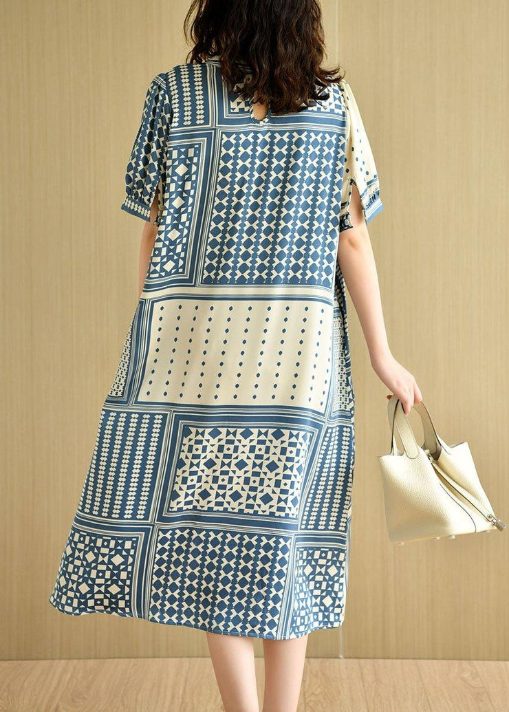 Loose Blue O-Neck Print Summer Cotton Short Sleeve Dress - SooLinen