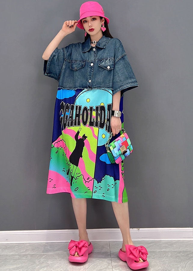 Loose Blue Peter Pan Collar Patchwork Print Cotton Streetwear Denim Dress Short Sleeve