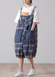 Loose Blue Pockets Plaid Cotton Jeans Jumpsuit Shorts - SooLinen