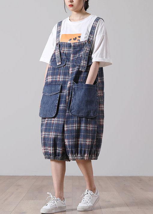 Loose Blue Pockets Plaid Cotton Jeans Jumpsuit Shorts - SooLinen