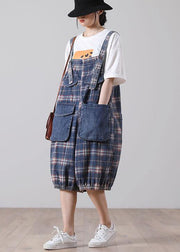 Loose Blue Pockets Plaid Cotton Jeans Jumpsuit Shorts - SooLinen