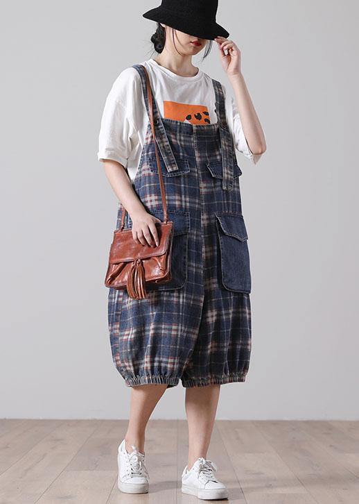 Loose Blue Pockets Plaid Cotton Jeans Jumpsuit Shorts - SooLinen