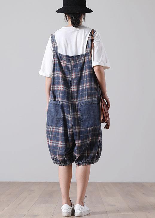 Loose Blue Pockets Plaid Cotton Jeans Jumpsuit Shorts - SooLinen