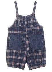 Loose Blue Pockets Plaid Cotton Jeans Jumpsuit Shorts - SooLinen