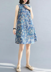 Loose Blue Print Oriental Summer Cotton Dress - SooLinen