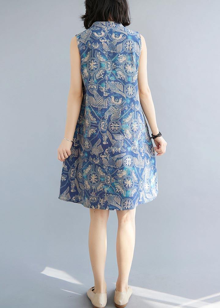 Loose Blue Print Oriental Summer Cotton Dress - SooLinen