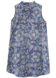 Loose Blue Print Oriental Summer Cotton Dress - SooLinen