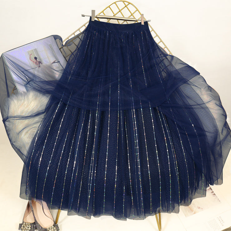 Loose Blue Sequins tulle Pleated  Skirt Summer