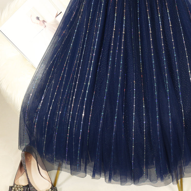 Loose Blue Sequins tulle Pleated  Skirt Summer