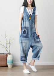 Loose Blue Hole V-Ausschnitt Print Cotton Denim Jumpsuits Spring