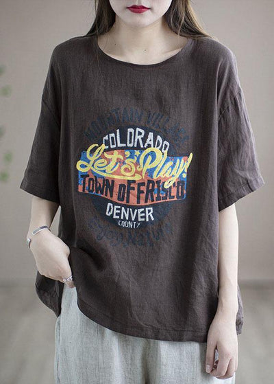 Loose Chocolate O-Neck Graphic Linen T-Shirt Half Sleeve - SooLinen