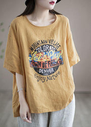 Loose Chocolate O-Neck Graphic Linen T-Shirt Half Sleeve - SooLinen