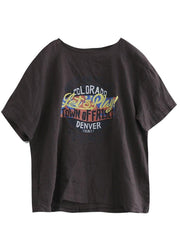 Loose Chocolate O-Neck Graphic Linen T-Shirt Half Sleeve - SooLinen