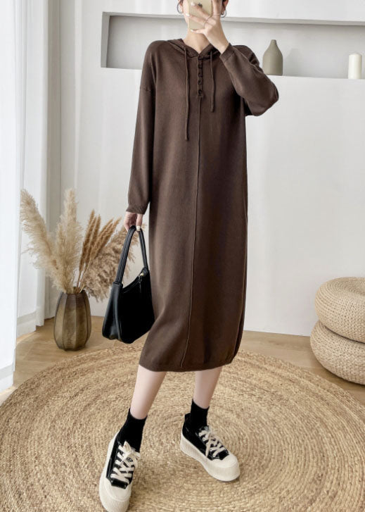 Loose Chocolate Hooded thick Knit Sweater Dress Winter