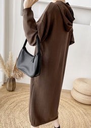 Loose Chocolate Hooded thick Knit Sweater Dress Winter