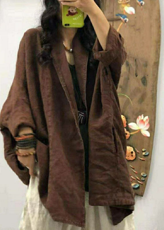 Loose Chocolate Pocket Peter Pan Collar Linen Coats Long Sleeve