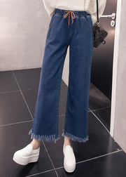 Loose Denim Blue Elastic Waist Drawstring Tassel Pockets Cotton Wide Leg Pants Summer